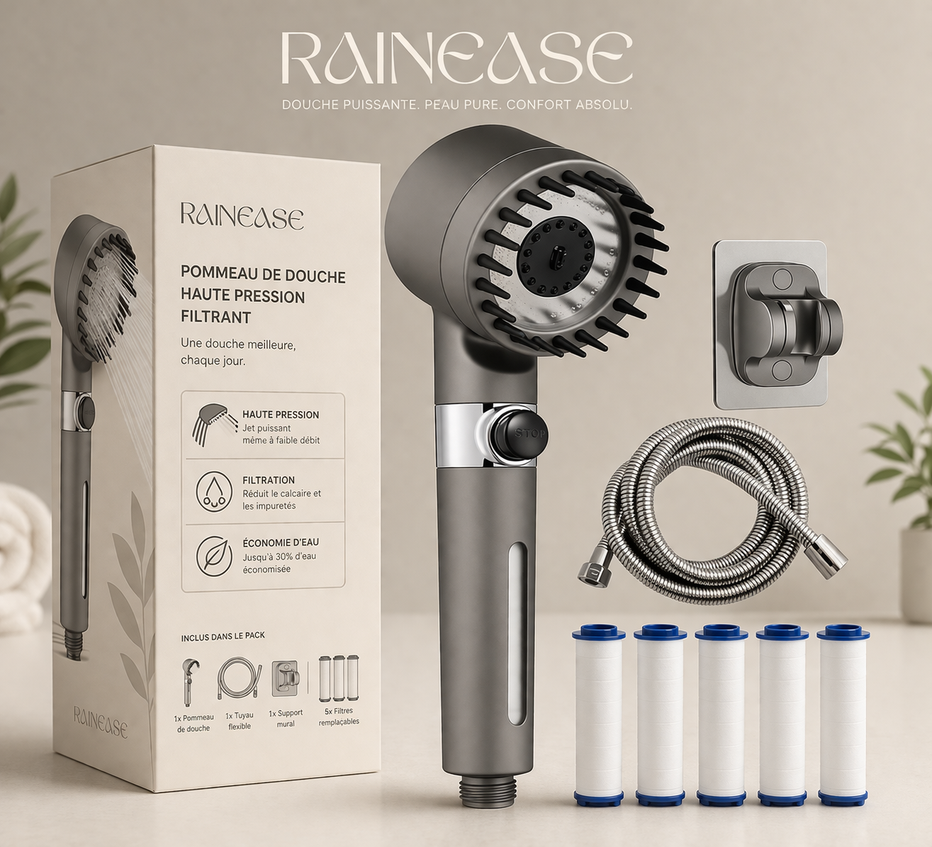 Pommeau De douche Haute pression Filtrant Anti-Calcaire RainEase