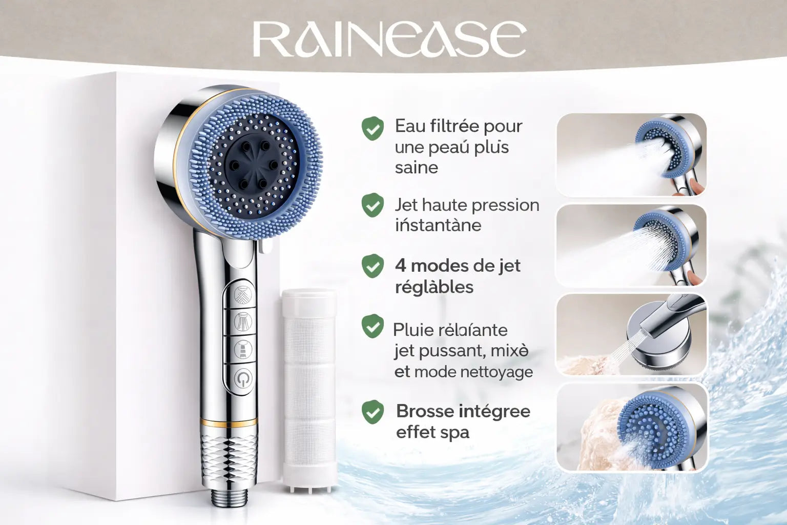 RainEase™ – Pommeau de douche haute pression avec filtration + 1 filtre offert RainEase